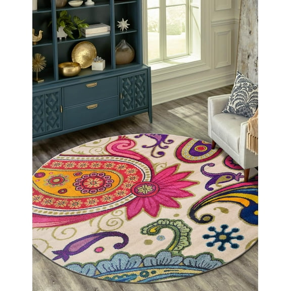 Unique Loom Estrella Collection Area Rug - Rodeo (6' 1" Round Cream/Orange)