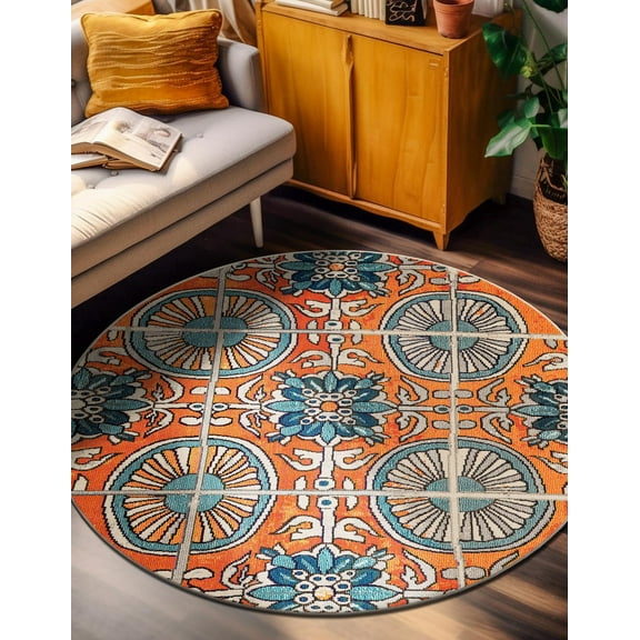 Unique Loom Estrella Collection Area Rug - Salma (8' Round Orange/Blue)