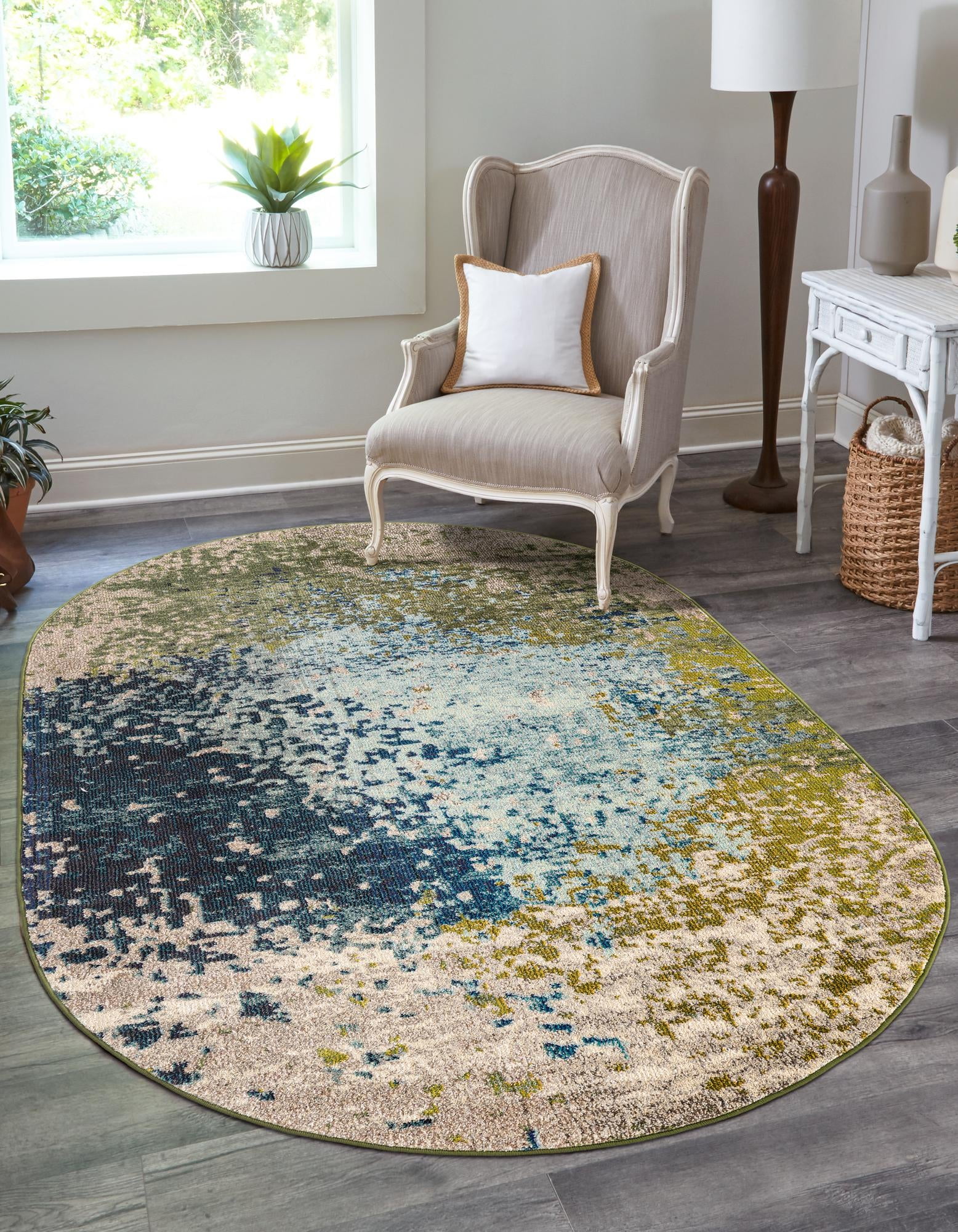 Oval Blue and Green Abstract Synthetic Easy Care Rug