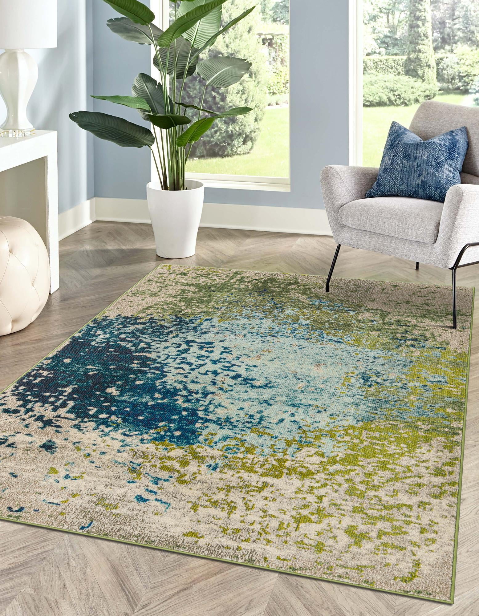 Blue and Green Abstract Rectangular Synthetic Area Rug