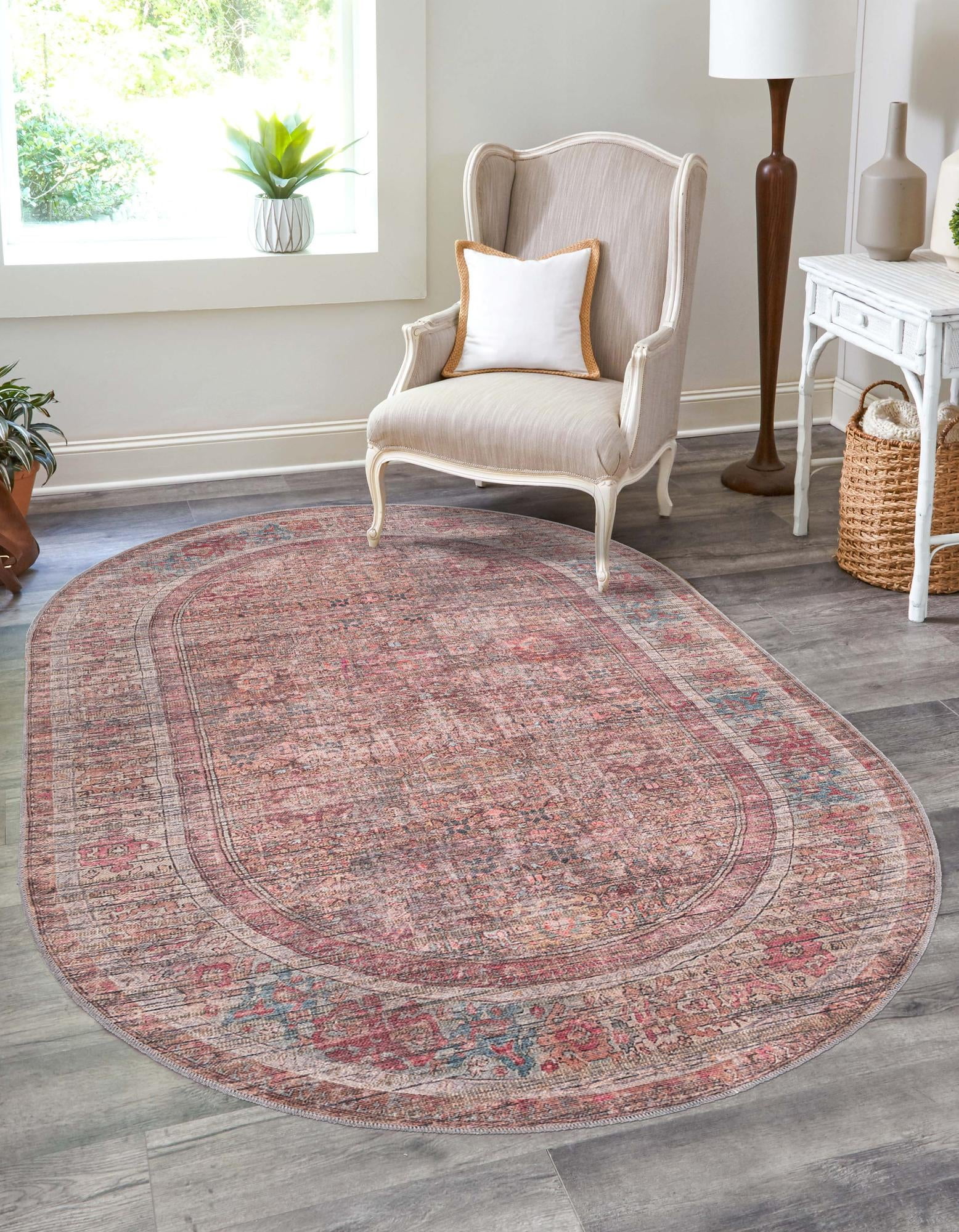 Unique Loom Euphoria Nostalgia Rug Rust Red and Brown/Beige 5' 3 x 8' Oval  Machine Washable Textured Border Modern Flatweave Perfect For Dining Room