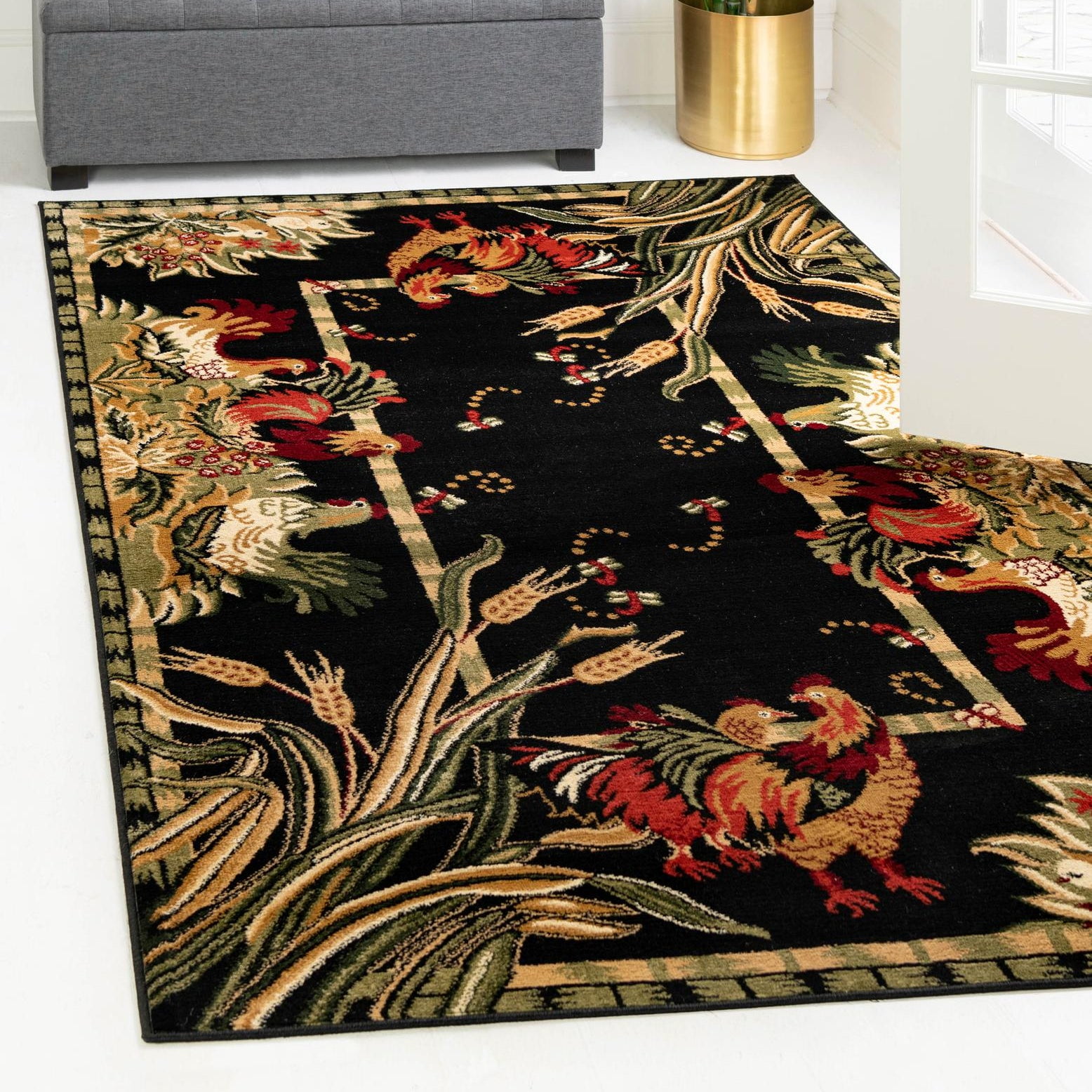 Black Floral Synthetic Rectangular Area Rug 7'1" x 10'