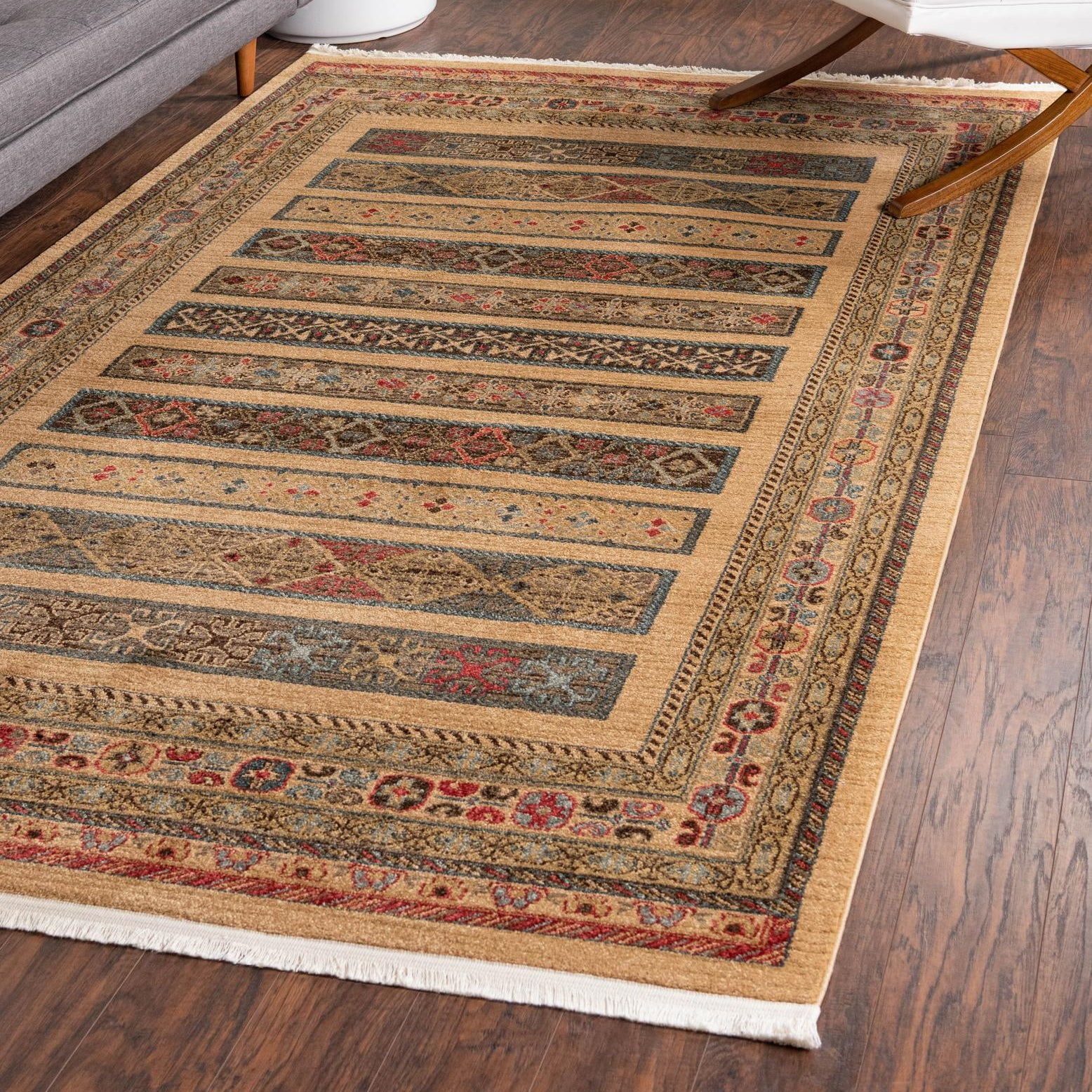 Tan and Light Blue Rectangular Synthetic Striped Rug