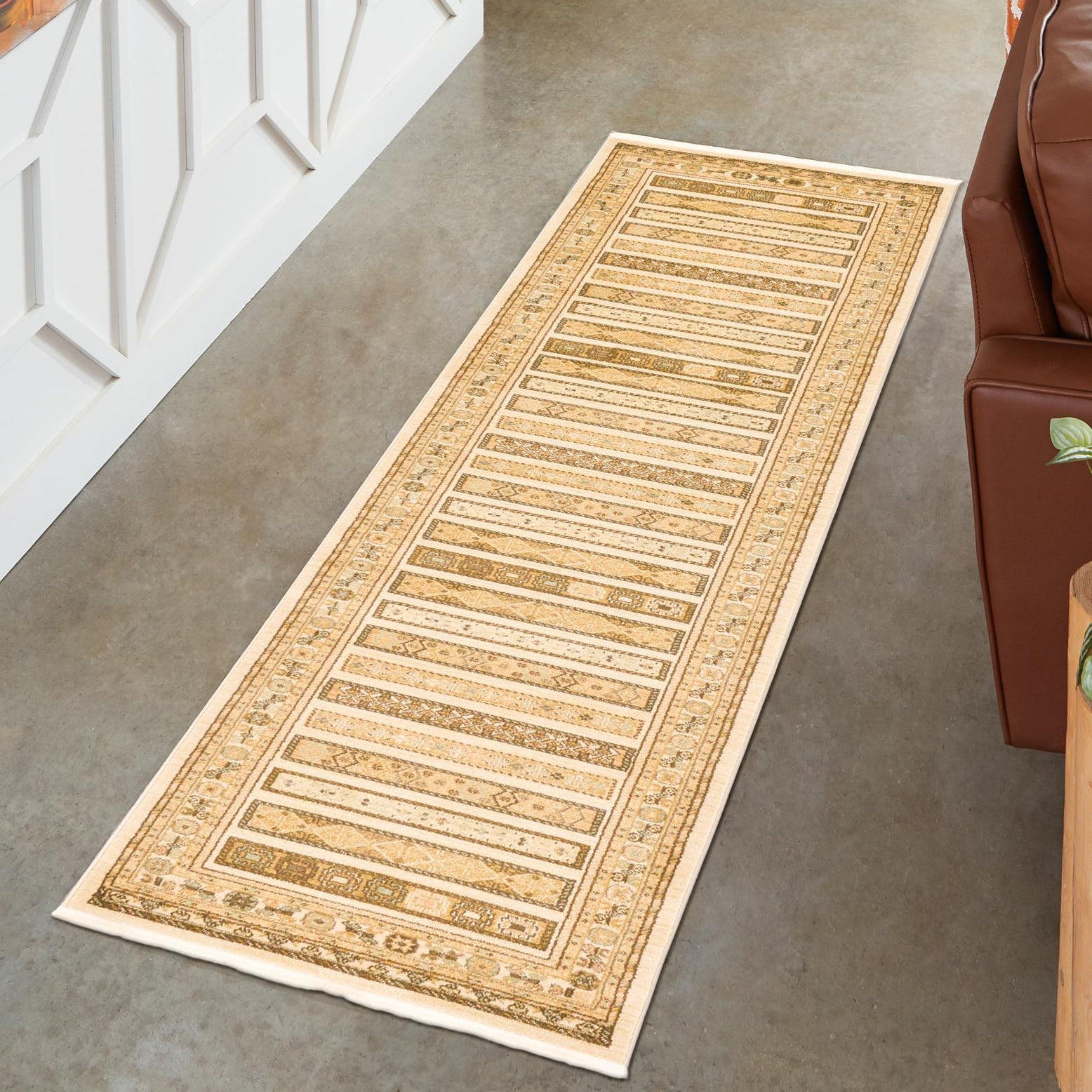 Ivory and Beige Striped Synthetic Runner Rug with Fringe