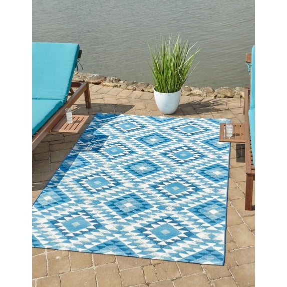 Unique Loom Outdoor Southwestern Collection Area Rug - Fethiye (5' 3" x 8' Rectangle Blue/Ivory)