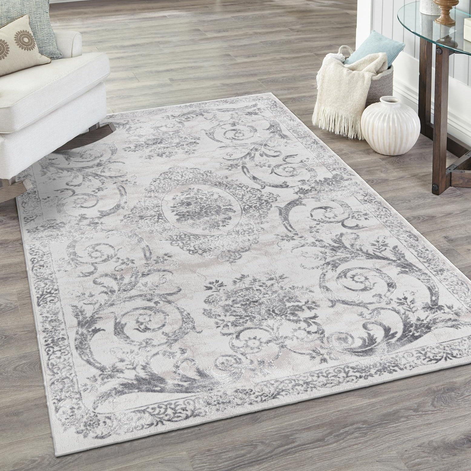 Gray Rectangular Medallion Synthetic 9' x 12' Area Rug
