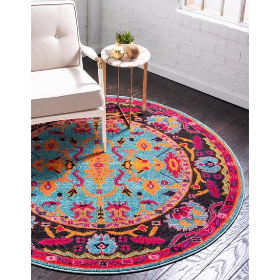 Unique Loom Flamenco Medici Rug Light Blue/Orange 6' 1" Round Floral / Botanical Bohemian Perfect For Dining Room Entryway Bed Room