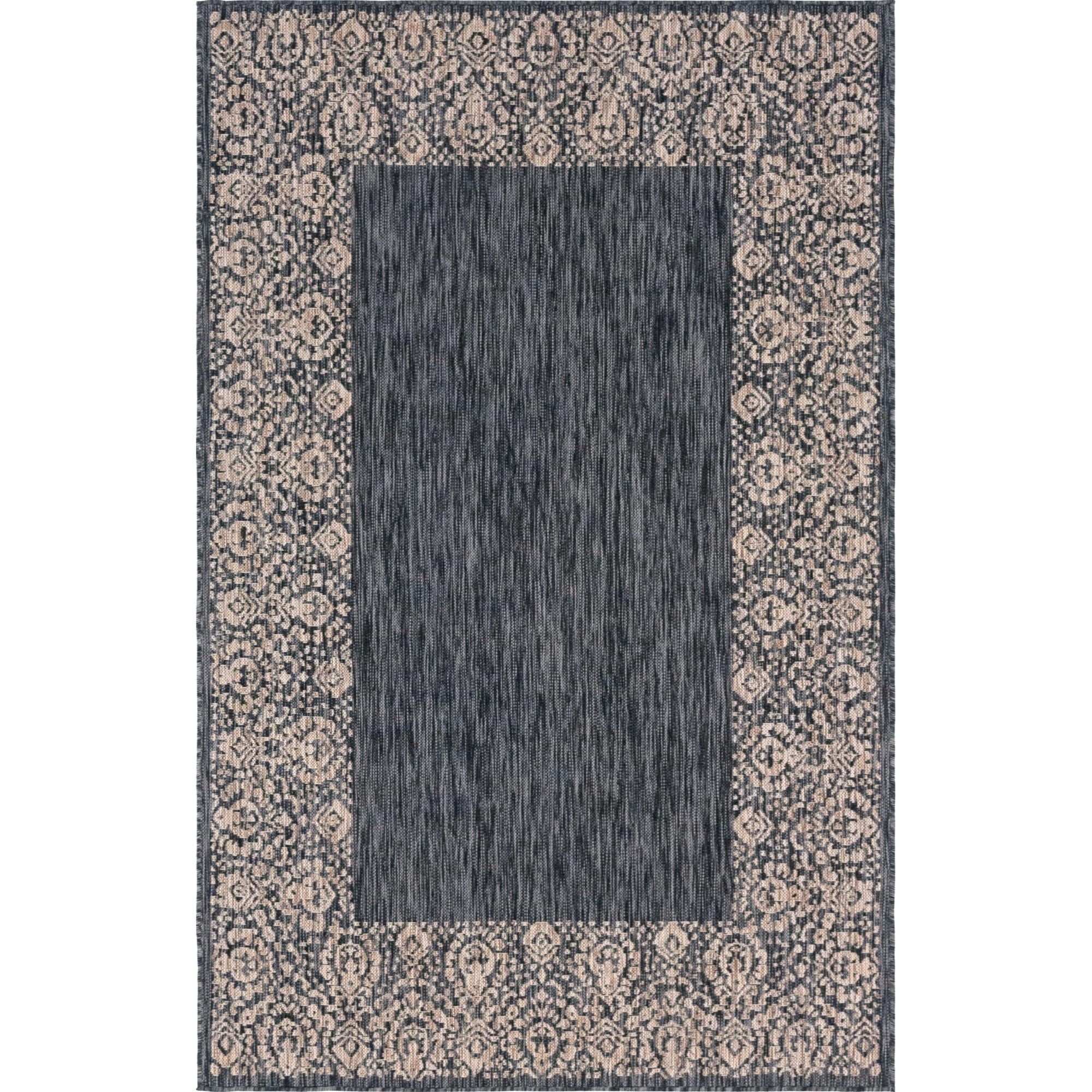 Charcoal Gray Floral Border Outdoor Rectangular Rug