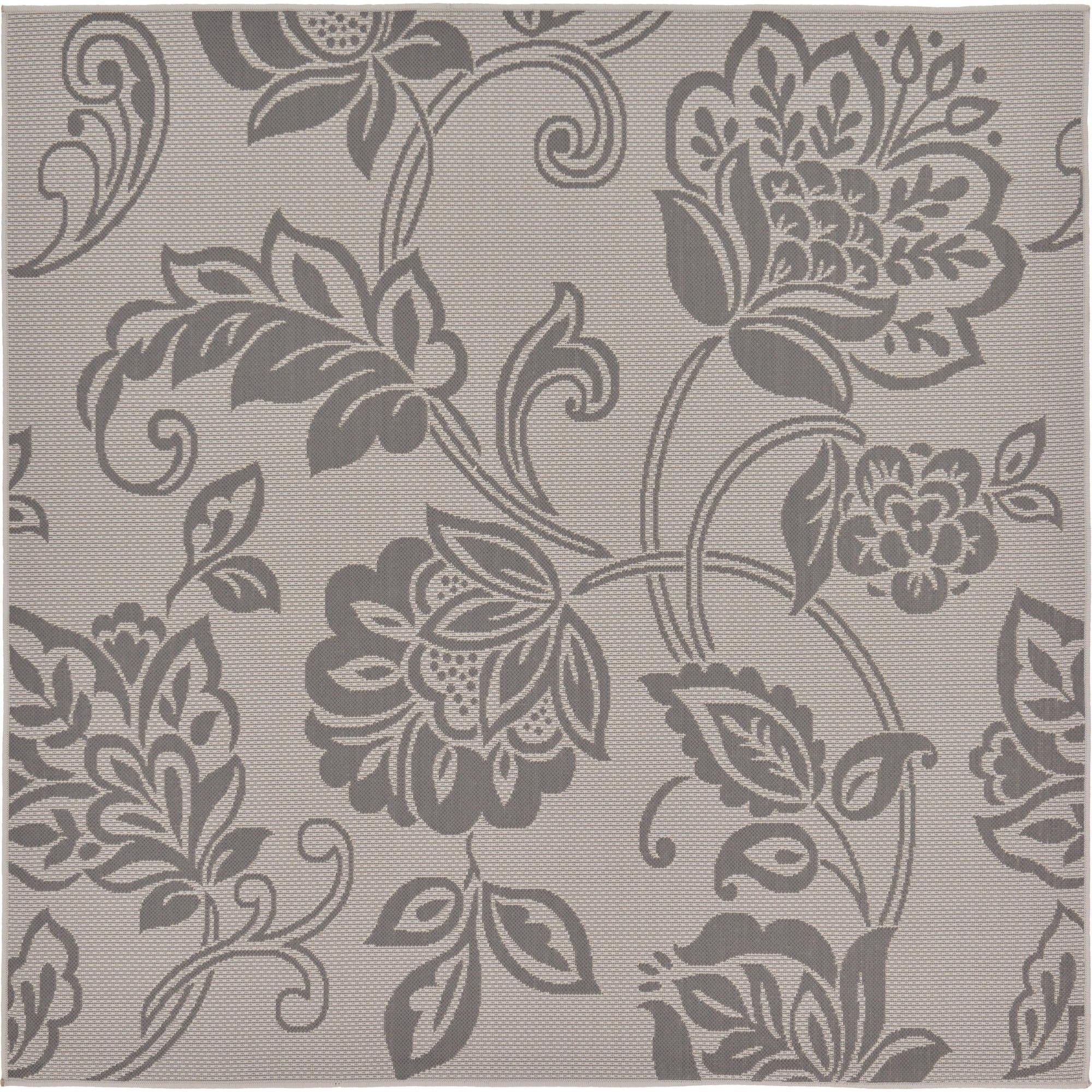 Floral Gray Synthetic 6' Square Outdoor Rug - Stain-Resistant & Easy Care
