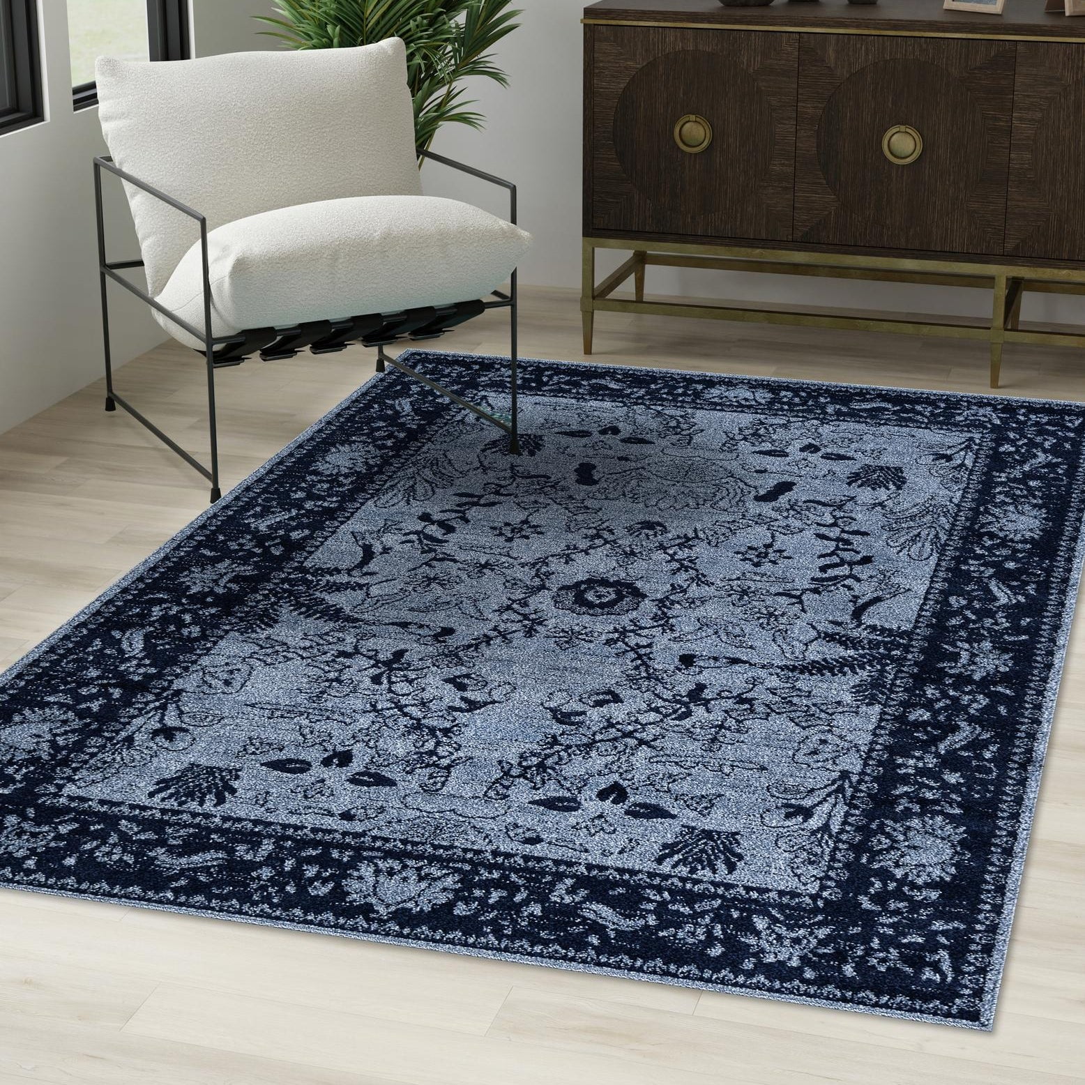 Reversible Washable Blue Floral Synthetic Rug 4' x 6'