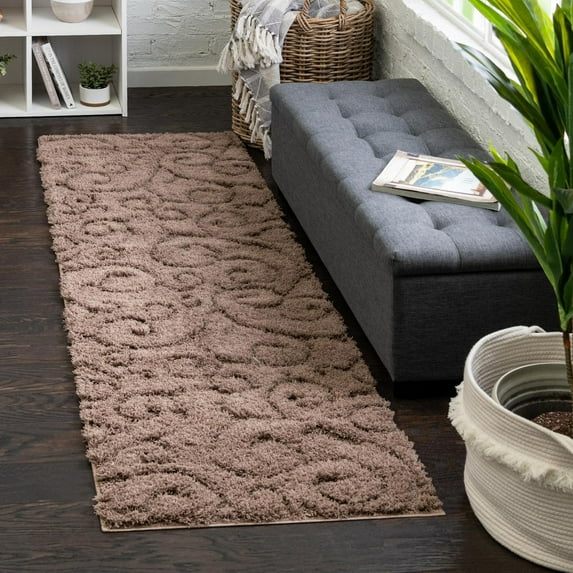 Unique Loom Floral Shag Collection Area Rug - Carved (2' x 6' 7" Runner Brown)