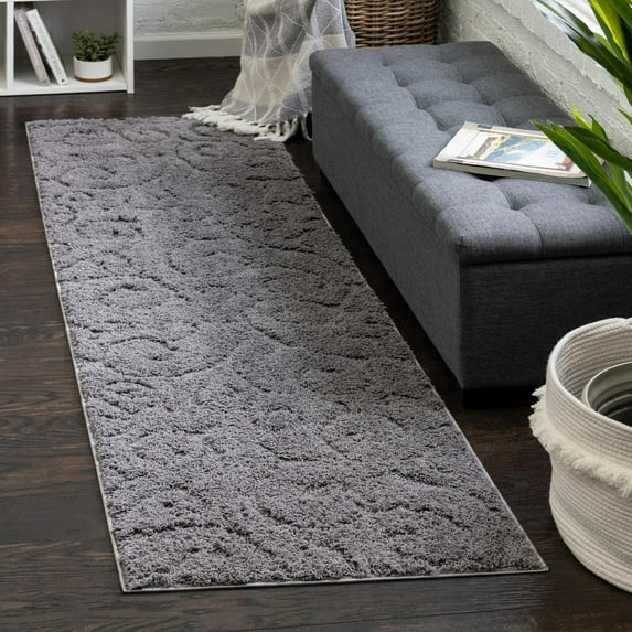Unique Loom Floral Shag Collection Area Rug - Carved (2' x 6' 7" Runner Dark Gray)