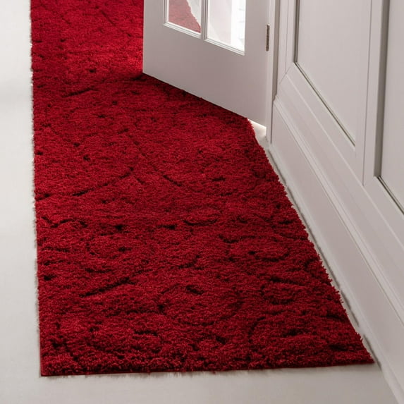 Unique Loom Floral Shag Collection Area Rug - Carved (2' x 6' 7" Runner Red)