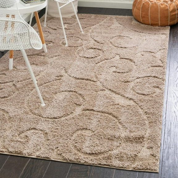 Unique Loom Floral Shag Collection Area Rug - Carved (4' x 6' Rectangle Beige)