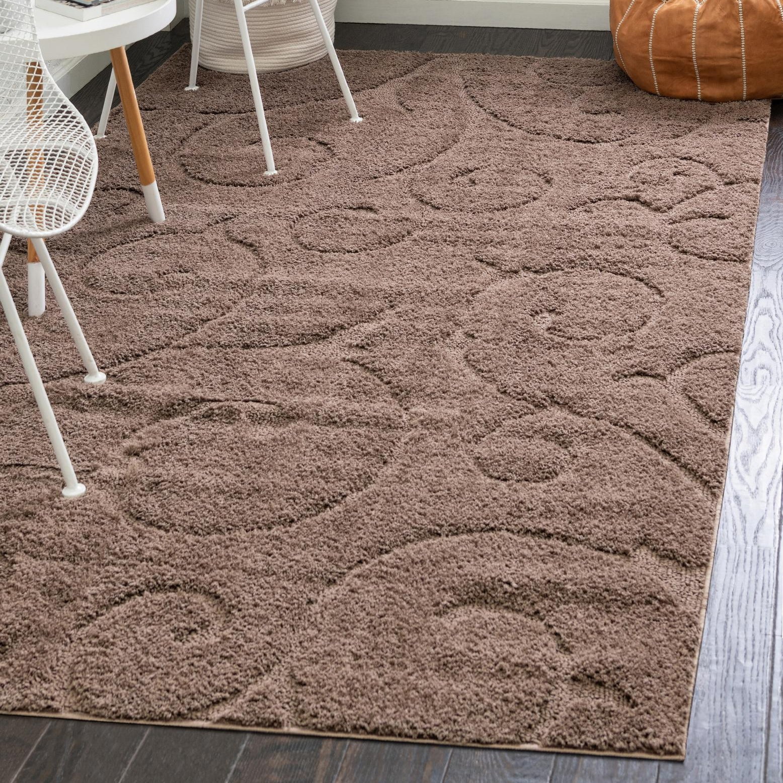 Brown Floral Shag Synthetic Rectangular Area Rug 5' x 8'