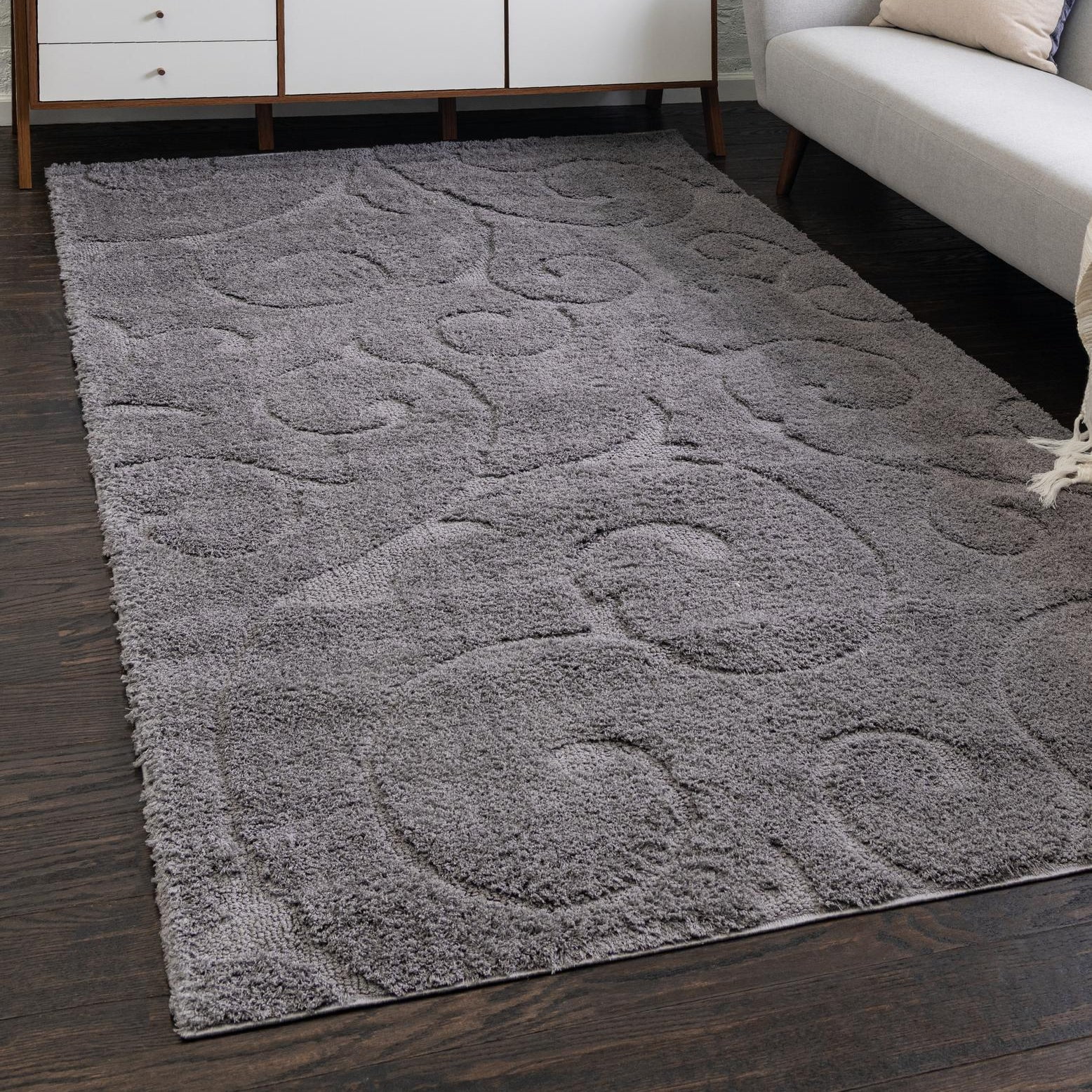 Dark Gray Floral Shag Rectangular Easy Care Rug, 5' x 8'