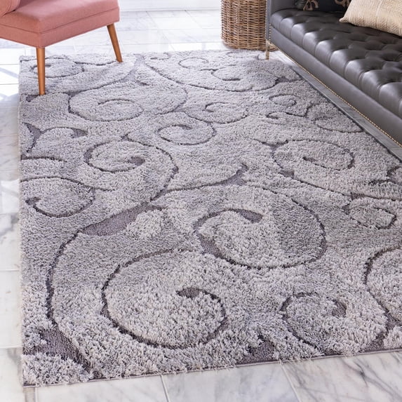 Unique Loom Floral Shag Collection Area Rug - Carved (8' x 10' Rectangle Light Gray and Gray)