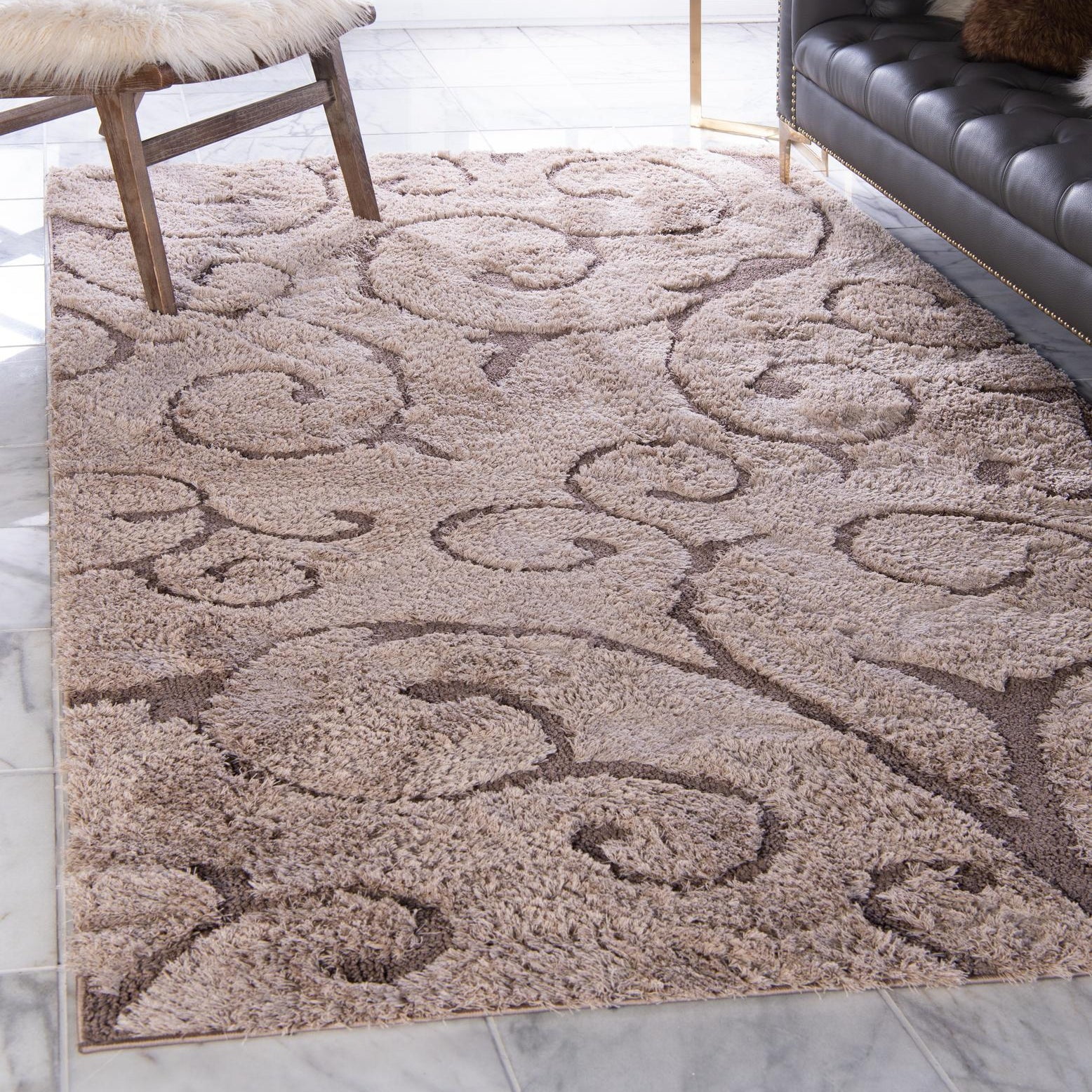Light Brown Floral Shag Easy-Care Rectangular Area Rug, 9' x 12'