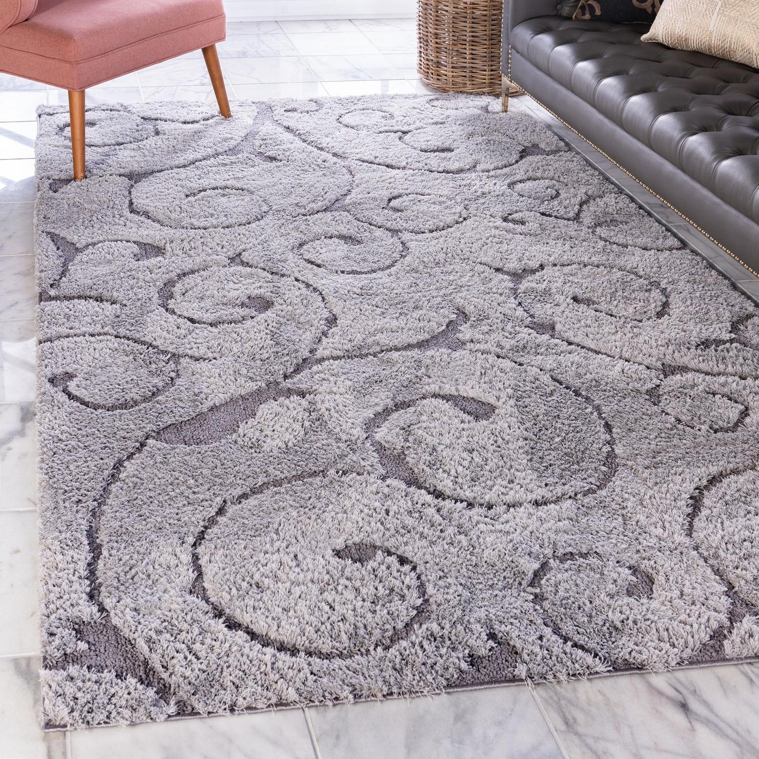 Elysian Light Gray Floral Shag Rug 9' x 12' - Stain-Resistant Synthetic