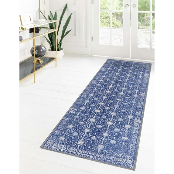 Unique Loom Timeless Collection Area Rug - Florence (2' x 6' Runner Navy Blue/Ivory)