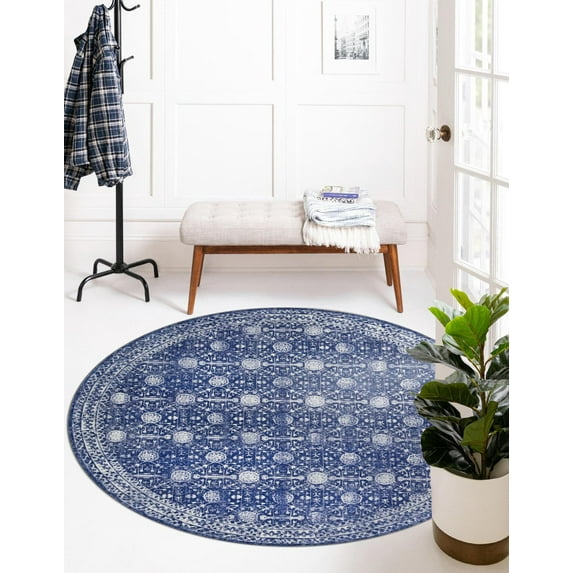 Unique Loom Timeless Collection Area Rug - Florence (7' 6" Round Navy Blue/Ivory)