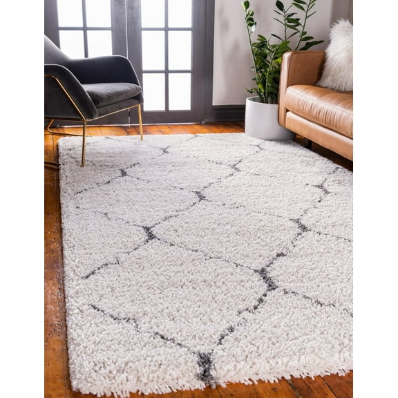 Unique Loom Fractured Rabat Shag Rug Ivory/Gray 9' x 12' Rectangle Trellis Contemporary Perfect For Living Room Bed Room Dining Room Office