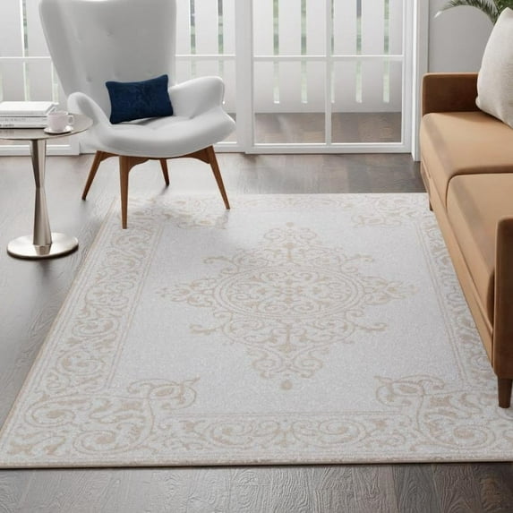 Unique Loom Hermitage Collection Area Rug - Gala (7' 10" x 11' 6" Rectangle Snow White/Beige)