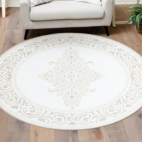 Unique Loom Hermitage Collection Area Rug - Gala (7' 10" Round Snow White/Beige)