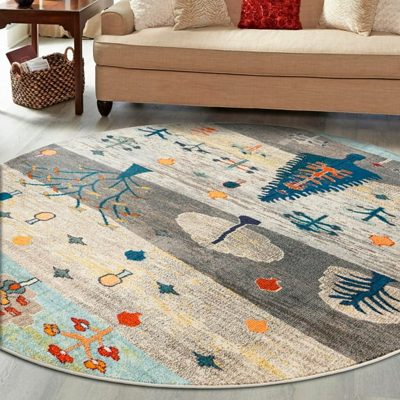 Unique Loom Vivid Collection Area Rug - Gary (7' 1" Round Ivory Gray Blue/Light Blue)