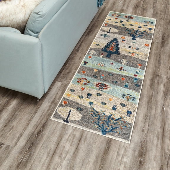 Unique Loom Vivid Collection Area Rug - Gary (2' 7" x 12' Runner Ivory Gray Blue/Light Blue)