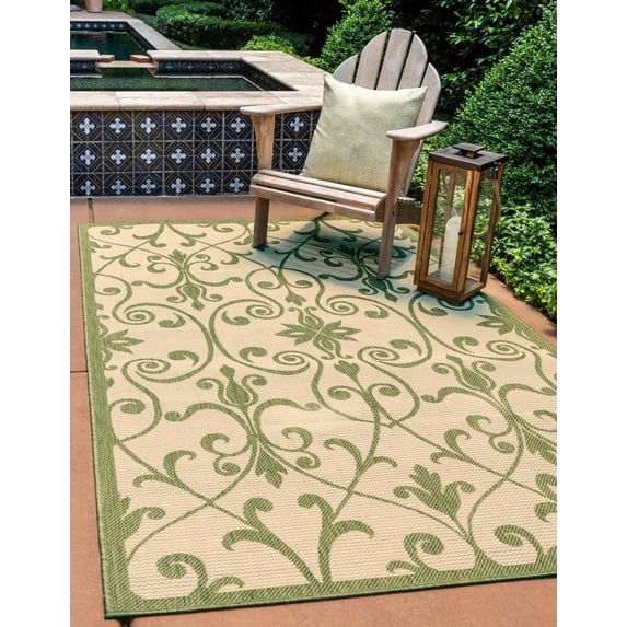Unique Loom Gate Indoor/Outdoor Botanical Rug Green 7' 1" x 10' Rectangle Border Traditional Perfect For Patio Deck Garage Entryway