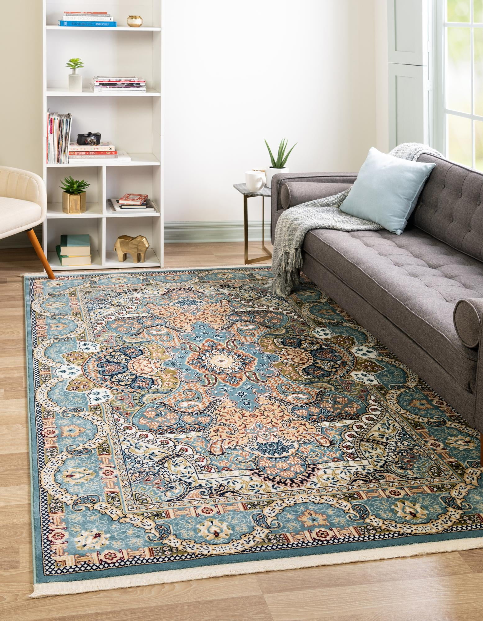 Blue and Beige Rectangular 8' x 10' Synthetic Area Rug