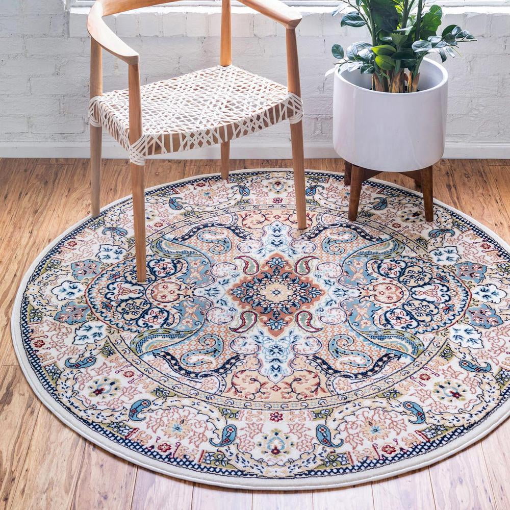 Ivory and Blue Round Floral Synthetic Area Rug, 5' 1"