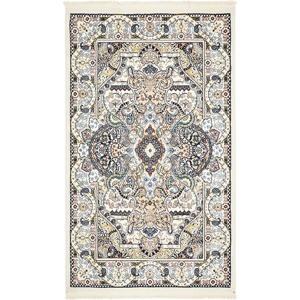 Ivory and Blue Rectangular Stain-Resistant Synthetic Rug
