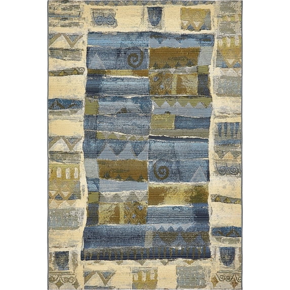 Unique Loom Glyph Indoor/Outdoor Modern Rug Blue/Beige 5' 3" x 8' Rectangle Textured Geometric Modern Flatweave Perfect For Patio Deck Garage Entryway