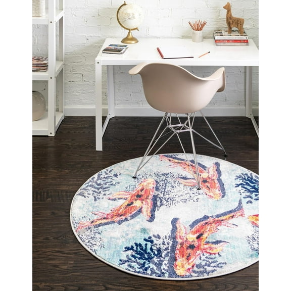 Unique Loom Ariel Collection Area Rug - Gold fish (7' Round Multi/Ivory)