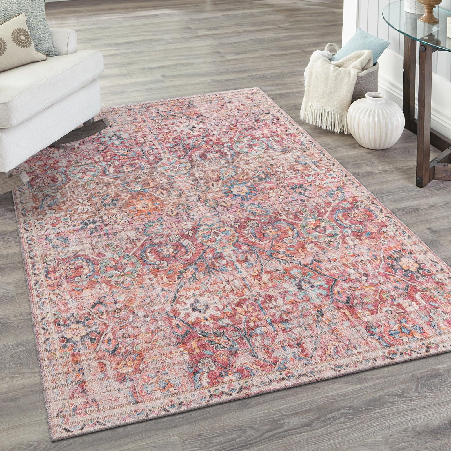 Ivory and Pink Rectangular Washable Flatweave Area Rug 8' x 10'