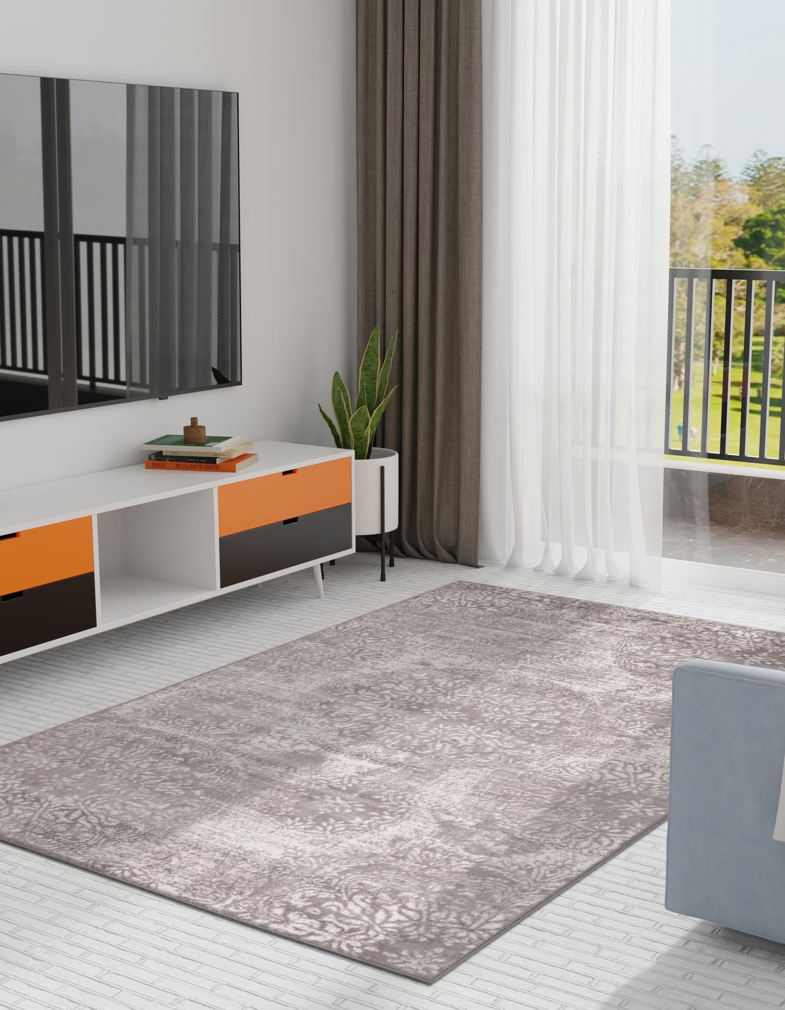 Reversible Easy-Care Gray and White Synthetic Area Rug 6'1" x 9'