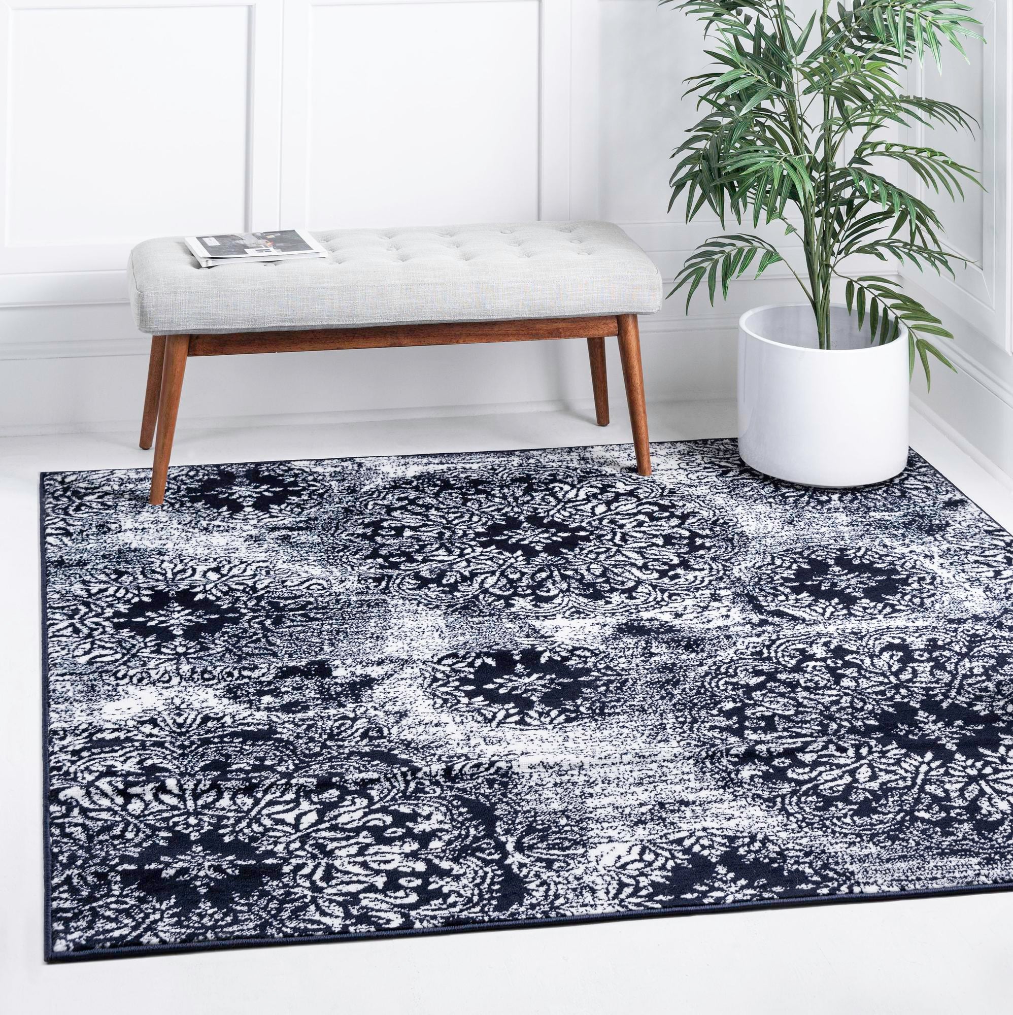 Unique Loom Grand Sofia Rug Navy Blue/Ivory 6' 1" Square Floral