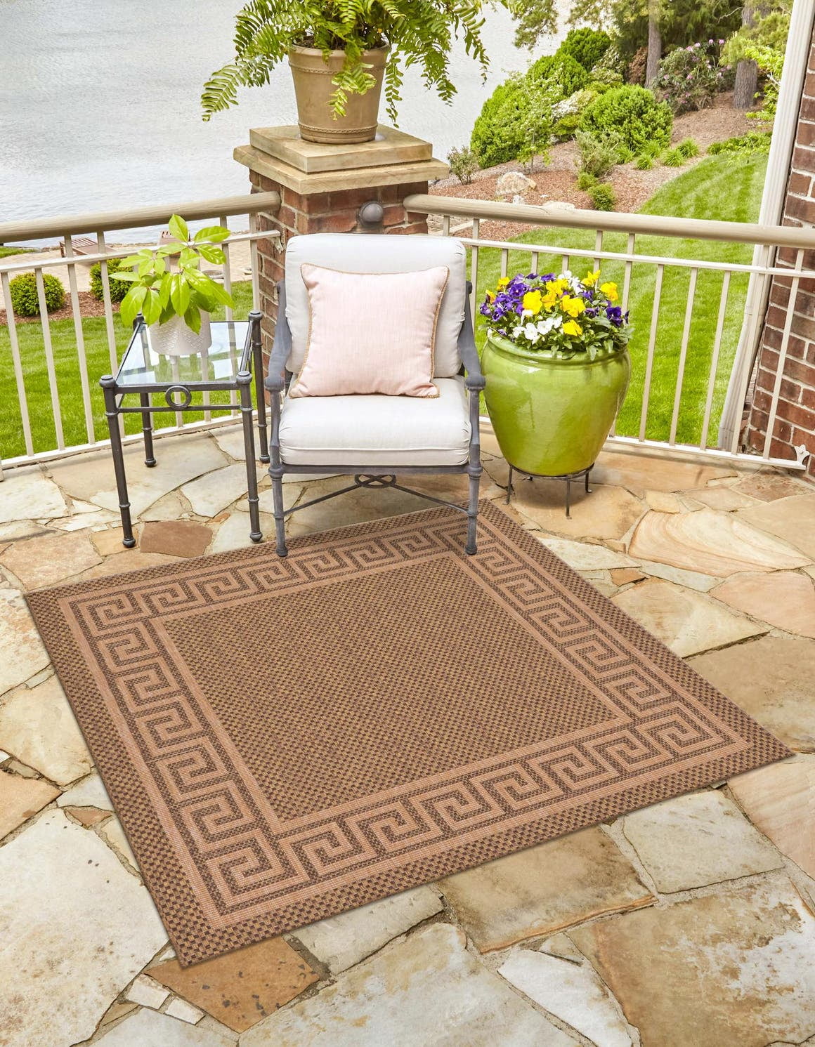 Unique Loom Greek Key Outdoor Border Rug , 5' 4" x 6' 1" ,Brown