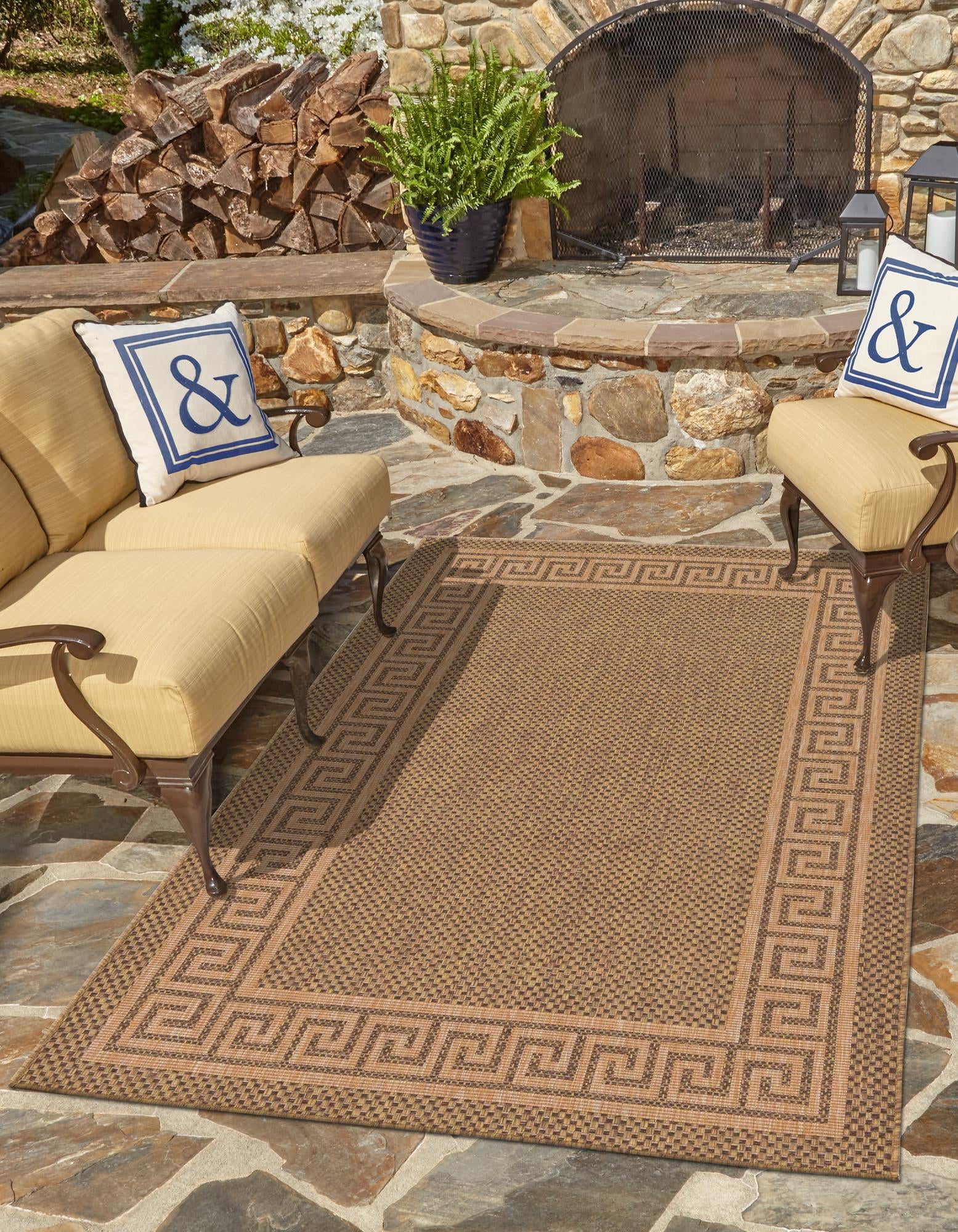Unique Loom Greek Key Outdoor Border Rug , 9' 0" x 12' 2" ,Brown