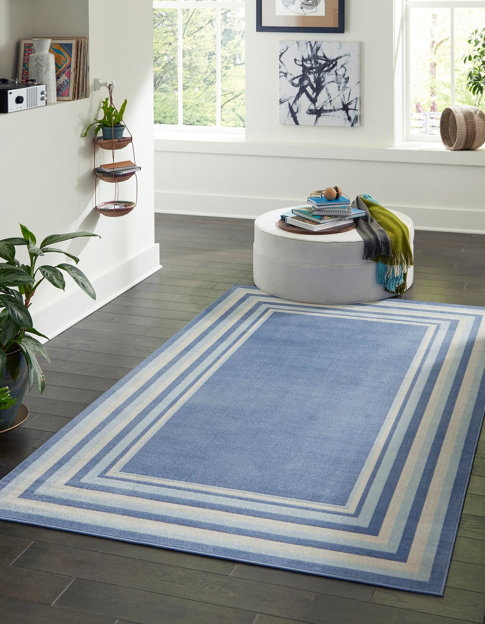 Unique Loom Guyana Lotus Rug Blue/Light Blue 4' 1" x 6' 1" Rectangle Border Contemporary Perfect