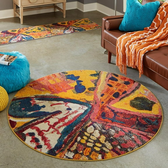 Unique Loom Haerfest Collection Area Rug - Guatemala (7' 10" Round Yellow/Blue)