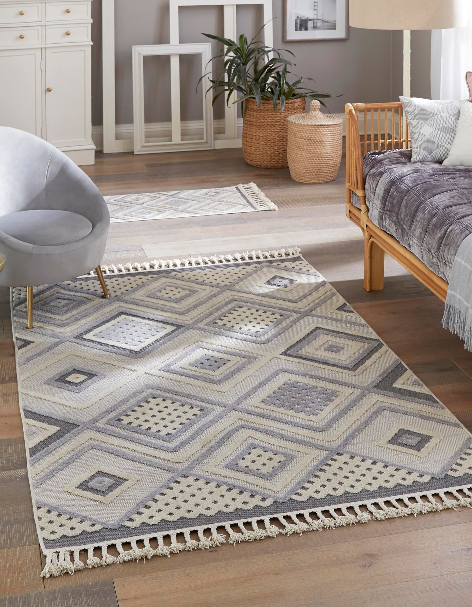 Ivory and Gray Geometric Rectangular Braided Rug