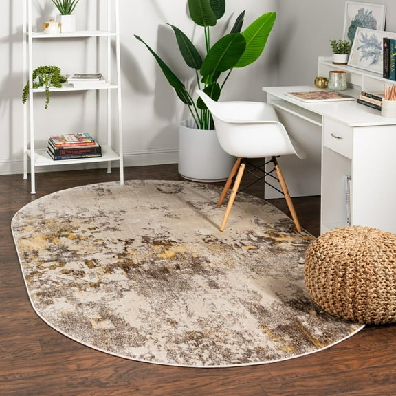 Unique Loom Helios Collection Area Rug - Santorini (3' 3" x 5' 3" Oval Ivory Beige/Gold)