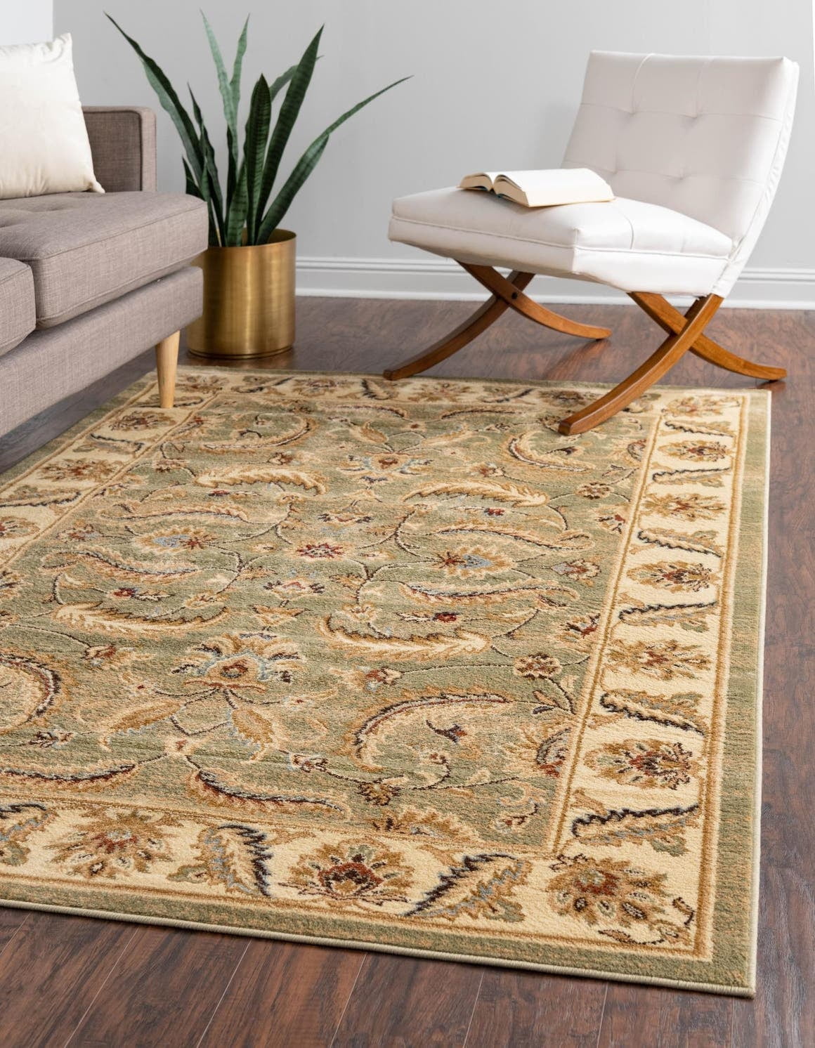 Green and Beige Rectangular Synthetic 9' x 12' Area Rug