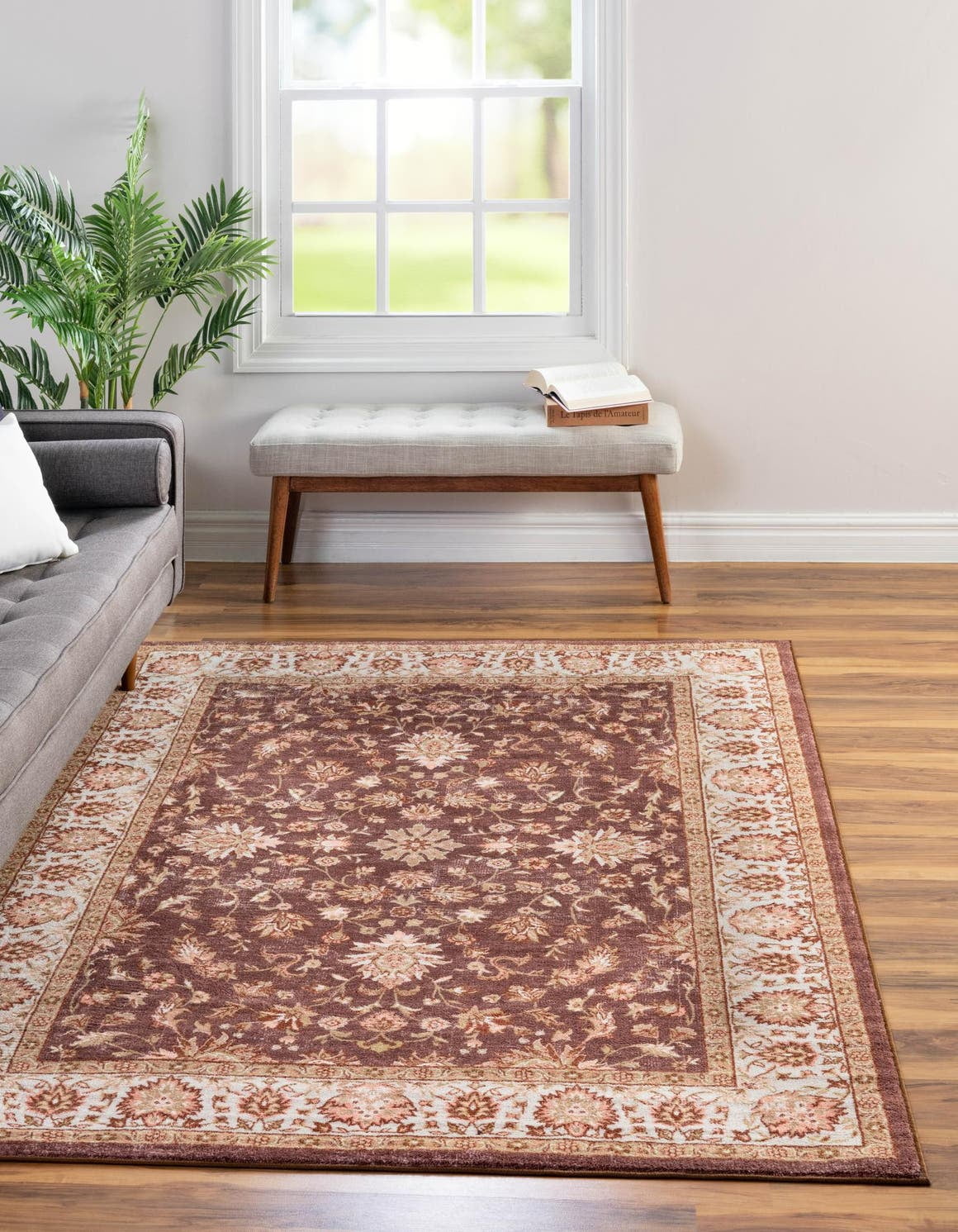 Coffee Brown Floral Synthetic Rectangular Area Rug