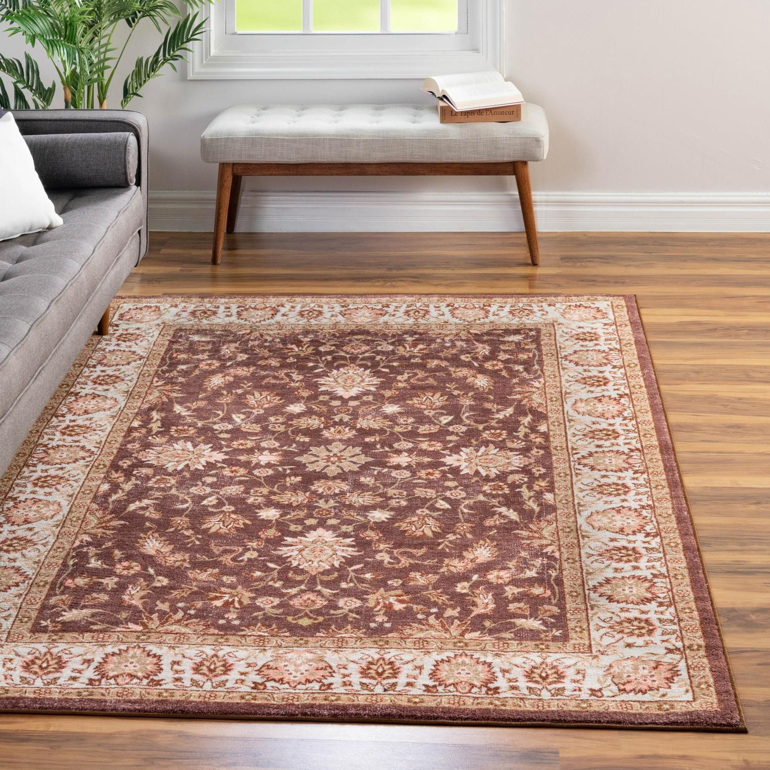 Ivory Floral Synthetic Runner Rug with Stain-Resistant Features