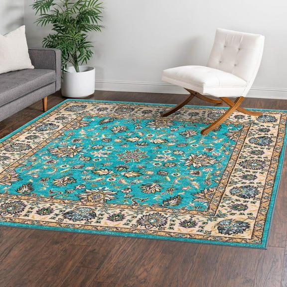Unique Loom Medina Collection Area Rug - Hijaz (3' 3" Square Arctic Aqua Blue/Black)