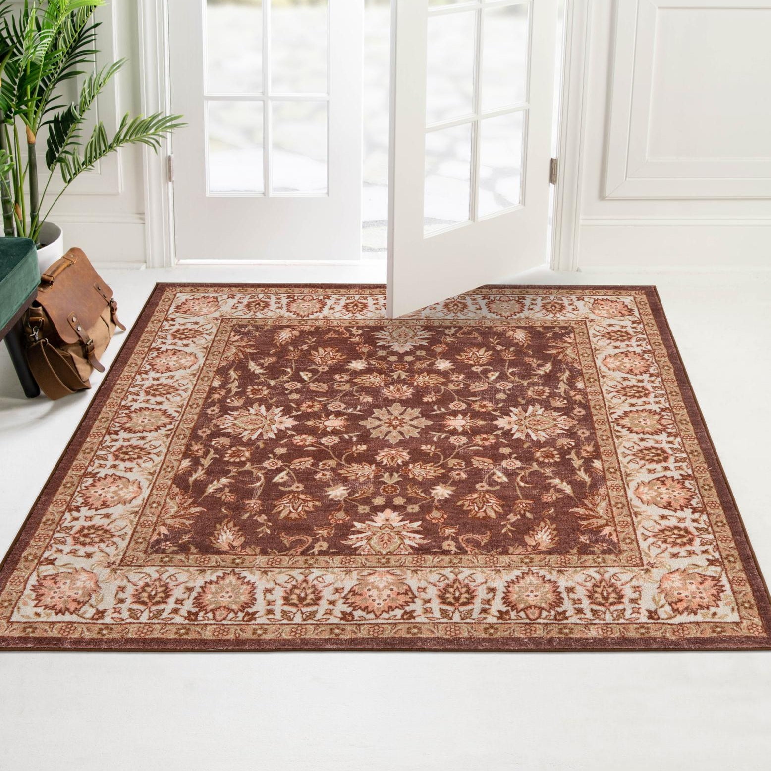Ivory and Coffee Brown Floral Synthetic Square Rug